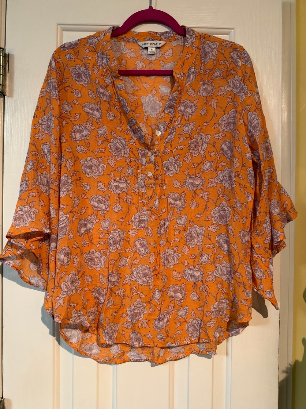 Counterparts Orange Floral V-Neck Button Blouse
